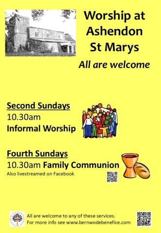 Ashendon Services: 2nd Sunday - informal worship, 4th Sunday - family Communion. Both at 10:30am